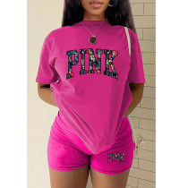 Plus Size PINK Letter Print T-shirt And Shorts Two Piece Set GMZD-M3111P41