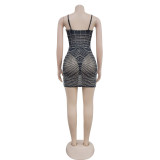 Solid Color Sling Mesh Hot Drill Mini Dress BY-6382