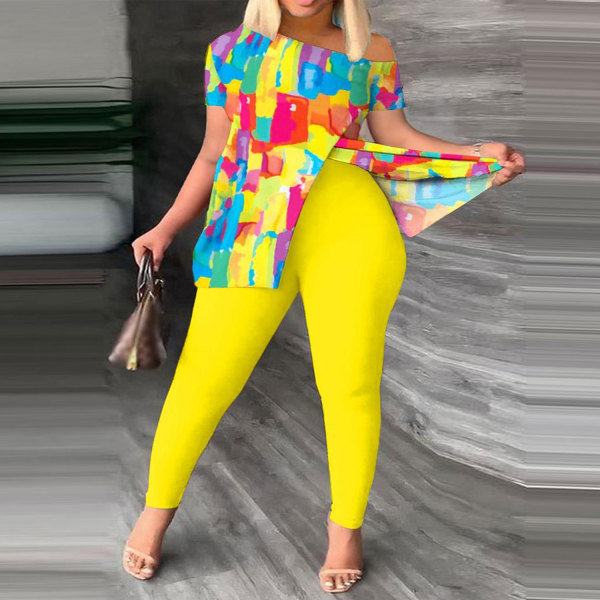 Contrast Color Slit Tops And Pants Two Piece Set NY-2748