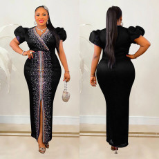 Hot Drill Bubble Sleeve Maxi Dress  BY-6500