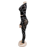 Solid Mesh Hot Drill Long Sleeve Two Piece Set BY-6548