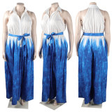 Plus Size Fashion Print Tie Up Loose Jumpsuit NY-10490