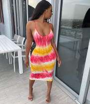 Tie Dye Print Sling Backless Midi Dress SMD-23008