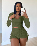 Solid Long Sleeve Drawstring Shorts 2 Piece Sets ME-8156