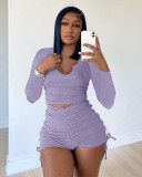 Solid Long Sleeve Drawstring Shorts 2 Piece Sets ME-8156