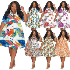 Plus Size Fashion Casual Print Short Sleeve Shirt Dress SSNF-211209-1