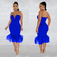 Sexy Mesh Splicing Tube Top Midi Dress BY-6555