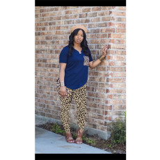 Leopard Print V Neck Sport Two Piece Pants Set LUO-6666