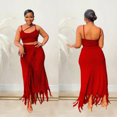 Sexy Sleeveless Suspender And Tassel Skirt Two Piece Set BY-6526