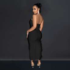 Solid Color Tube Tops Feather Maxi Dress BY-6535