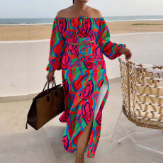 Plus Size Printed Lantern Sleeves Slit Long Skirt Two Piece Set NY-10528