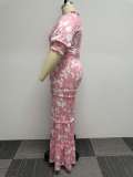 Print Half Sleeve Ruffles Loose Two Piece Pants Set NY-2746