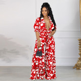 Print Half Sleeve Ruffles Loose Two Piece Pants Set NY-2746