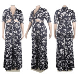 Print Half Sleeve Ruffles Loose Two Piece Pants Set NY-2746