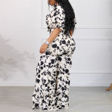 Print Half Sleeve Ruffles Loose Two Piece Pants Set NY-2746