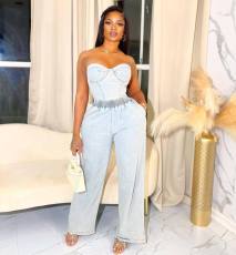 Plus Size Fashion Denim Tube Tops Two Piece Pants Set YMEF-5315