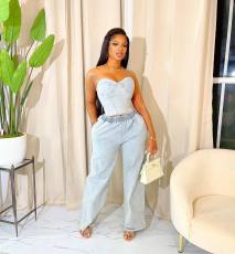 Plus Size Fashion Denim Tube Tops Two Piece Pants Set YMEF-5315