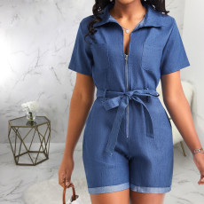 Fashion Denim Lapel Romper(With Waist Belt) HSF-2744