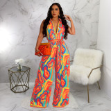 Sleeveless Print V Neck Jumpsuit(With Waist Belt) YF-10547