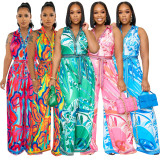 Sleeveless Print V Neck Jumpsuit(With Waist Belt) YF-10547