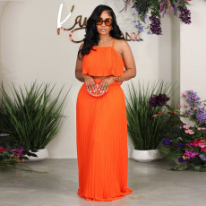 Solid Color Sling Pleated Two Piece Skirts Set  NY-2753