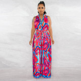 Sleeveless Print V Neck Jumpsuit(With Waist Belt) YF-10547