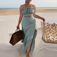 Plus Size Sexy Wrap Chest And Slit Skirt Two Piece Set NY-10532