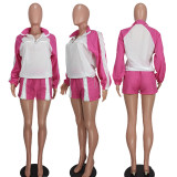 Casual Color Blocking Zipper Two Piece Shorts Set YD-8759
