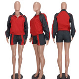 Casual Color Blocking Zipper Two Piece Shorts Set YD-8759
