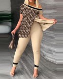 Plus Size Fashion Print Slit Tops And Pants Two Piece Set SHD-9619
