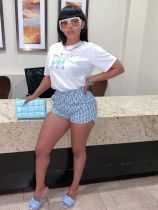 Letter Print Solid T Shirts And Shorts Two Piece Set GDNY-1065