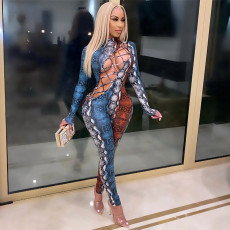 Snake Print Hollow Out Bandage Jumpsuit YF-9787