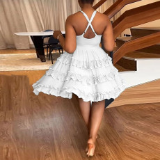 Solid Color Backless Cross Bandage Midi Dress NY-10533