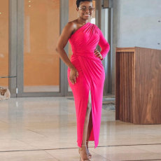 Plus Size Solid Color Single Shoulder Slit Maxi Dress NY-2771