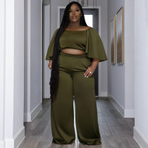 Plus Size Short Sleeve Wide Leg Pants 2 Piece Set NNWF-7896