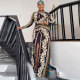 Print Lapel Neck Long Sleeve Slit Maxi Dress NY-2788