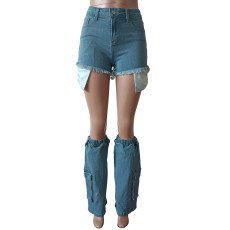 Denim Shorts Calf Sleeve Two Piece Set MEM-88503