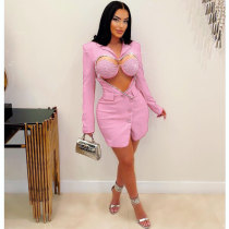 Sexy Hot Drill Bra And Heart Hollow Out Blazer 2 Piece Set NY-2760