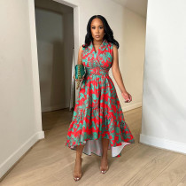 Fashion Print Sleeveless Ruffles Maxi Dress NY-2786