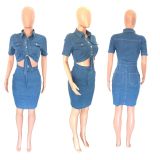 Denim Single Breasted Hollow Out Mini Dress LX-3546