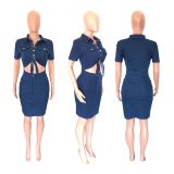 Denim Single Breasted Hollow Out Mini Dress LX-3546