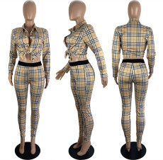 Plus Size Fashion Slim Fit Plaid Printed Shirt Pants Suit LSL-6469
