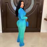 Gradient Color Deep V Long Sleeve Pants Two Piece Set XMY-9447