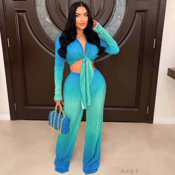 Gradient Color Deep V Long Sleeve Pants Two Piece Set XMY-9447