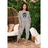 Skull Print One Shoulder Two Piece Pants Set QXTF-8125