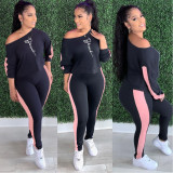 Plus Size Letter Print Patchwork Sport Two Piece Pants Set QXTF-8131