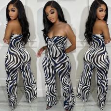Plus Size Print Tube Tops Tie Up Micro-Flare Jumpsuit NY-10562