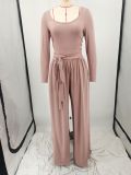Solid Color Knit Tie Up Loose Two Piece Pants Set YIM-358