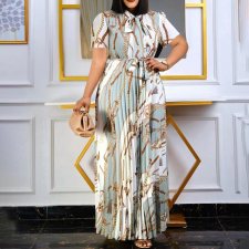 Short Sleeve Print Press Pleated Maxi Dress(With Waist Belt) GDNY-D2237