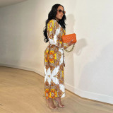 Print Long Sleeve Pleated Maxi Dress YF-10580